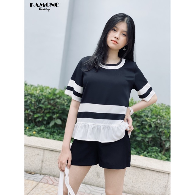 Áo kiểu bèo trắng phối màu KAMONG A016 | BigBuy360 - bigbuy360.vn