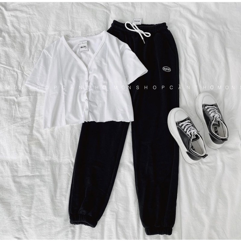 ❎Set Quần Thêu Spun +Crop V Cuốn Biên