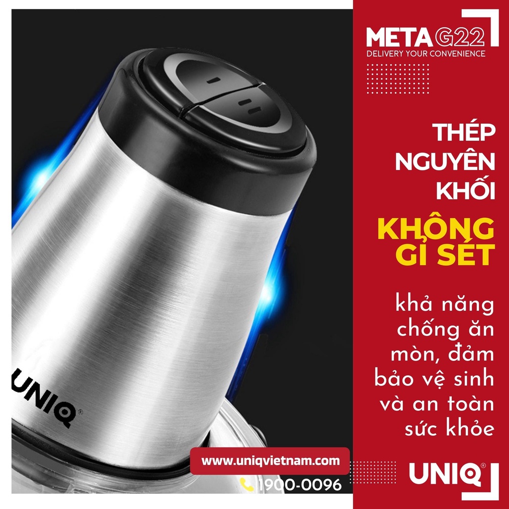 Máy xay thịt mini cầm tay gia đình UNIQ Meta G22 (2L) công suất lớn 300W lưỡi dao kép xay rau củ tỏi ớt giò chả gia vị