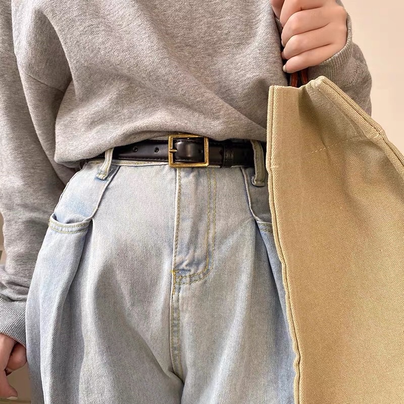 Thắt lưng nữ nam mặt đồng chữ nhật TL027 bản nhỏ 2.3cm Meo shop - Dây nịt nữ da đẹp may viền mặt đồng kiểu đơn giản