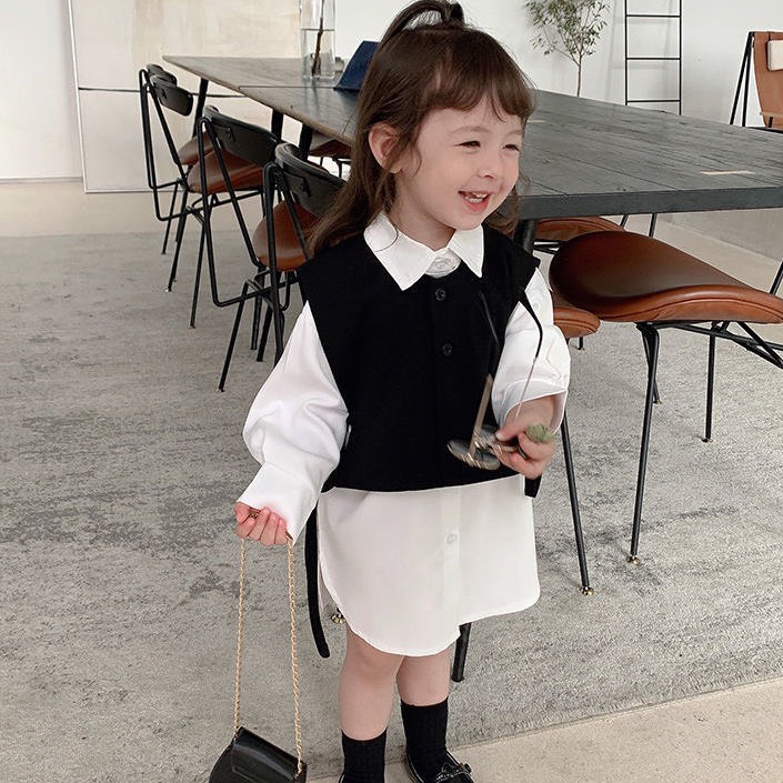 Set áo khoác sát nách + đầm sơ mi dáng dài thời trang cho bé