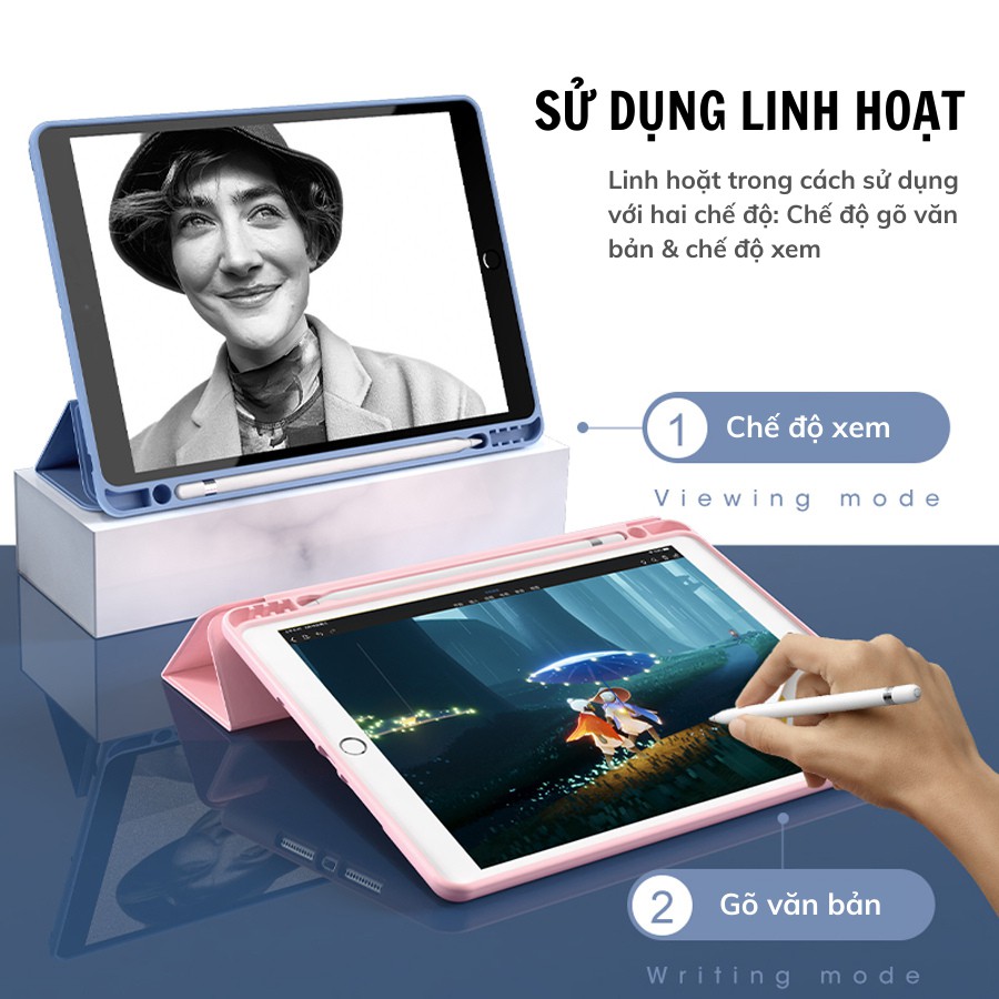 Bao Da iPad, Ốp iPad Có Khay Đựng Bút Tích Hợp  Màu Pastel