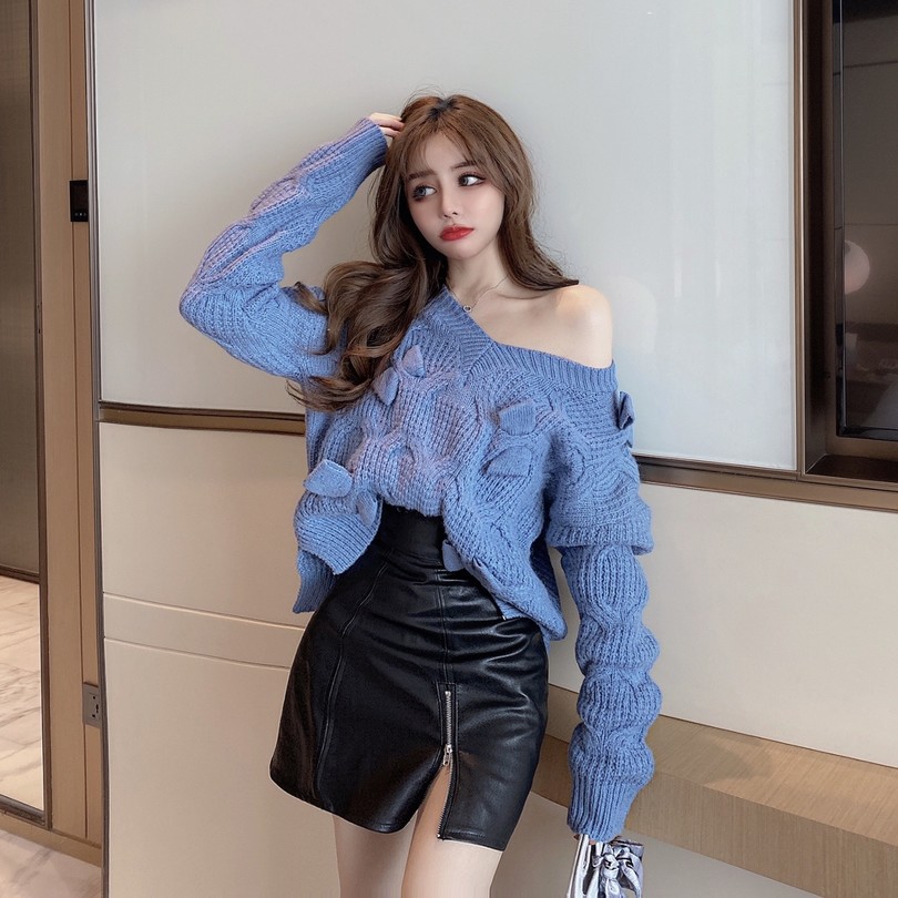 Áo len dày tay dài cổ V nơ + váy da dây kéo xẻ tà ôm ulzzang ( 3 màu )