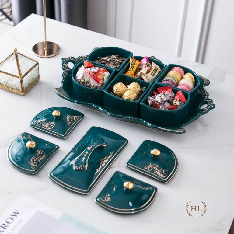 KHAY SỨ ĐỰNG BÁNH KẸO MỨT TẾT 2023 CHẤT LIỆU SỨ HỌA TIẾT VÀNG KIM THỦ CÔNG 5 NGĂN NẮP SỨ KÈM KHAY SỨ CAO CẤP