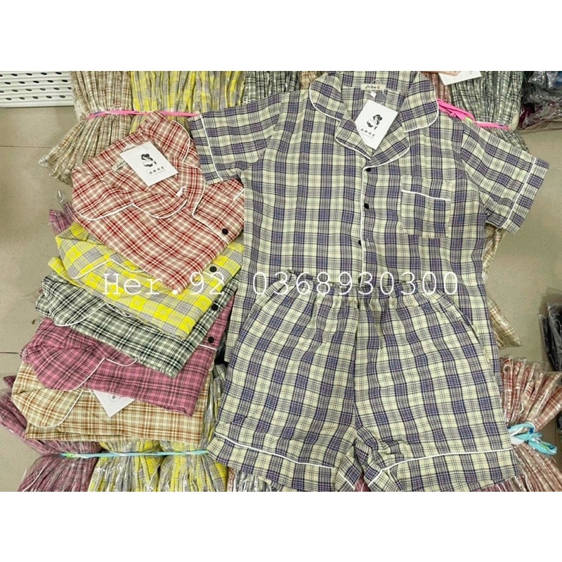 BỘ PIỊAMA HOẠ TIẾT KẺ Ô CHẤT ĐŨI HÀN ÁO CỘC QUẦN ĐÙI HÀNG THIẾT KẾ CAO CẤP