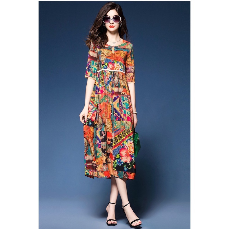 Đầm Suông Họa Tiết Đâm Trung Niên  Đầm cho mẹ U40 U50 U60