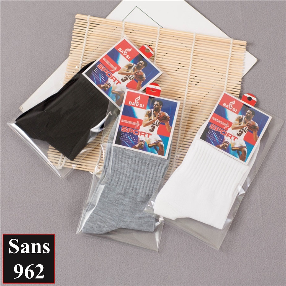 Tất vớ nam cổ cao trung trơn Sans962 basic cotton xịn mỏng mát thoáng khí khử mùi đen trắng xám thời trang công sở