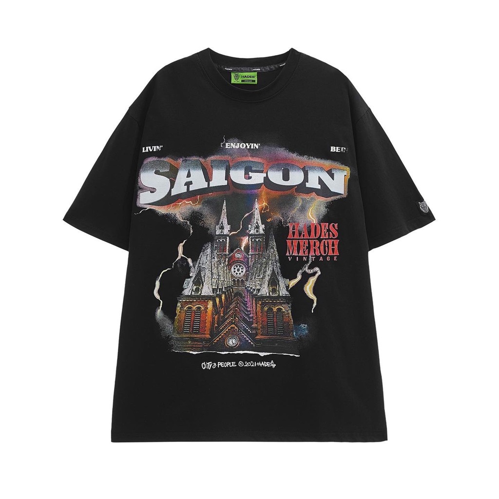 Áo Thun Tay Lỡ Unisex SAIGON SPIRIT Đen 100% Cotton - HADES Brand Chính Hãng