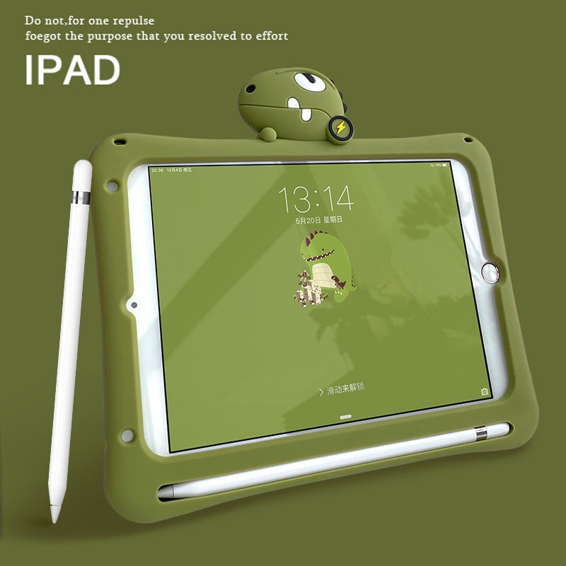 Ốp Máy Tính Bảng Họa Tiết Khủng Long Màu Xanh Lá Kèm Khay Đựng Bút Cho iPad 2 / 3 / 4 / Mini / Air / Pro