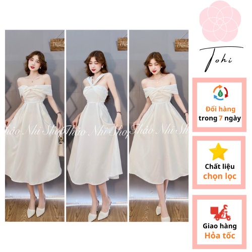 Váy thiết kế 2 dây trắng nơ vai dự tiệc, đầm hai dây