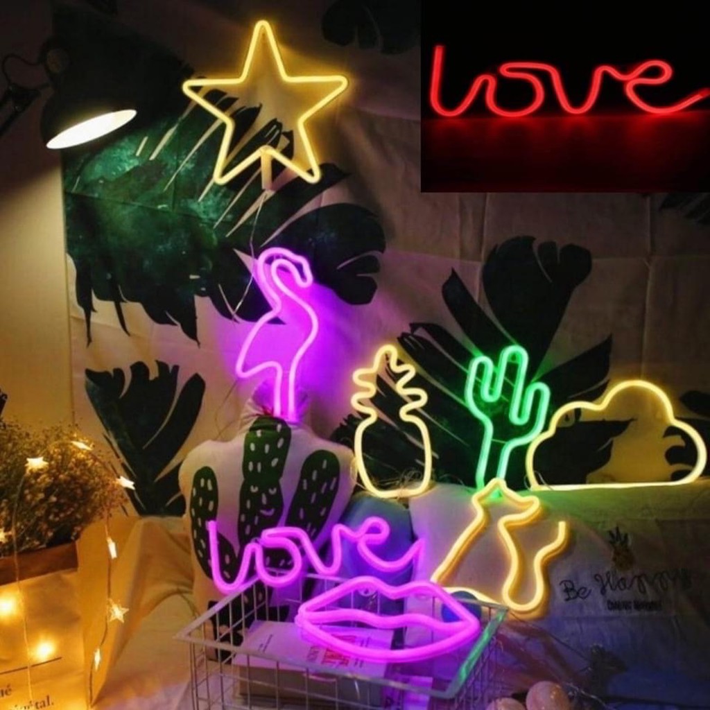 Đèn Neon light treo tường các kiểu có sẵn dễ thương chữ love, chữ home, chữ hello, cầu vồng, con mèo