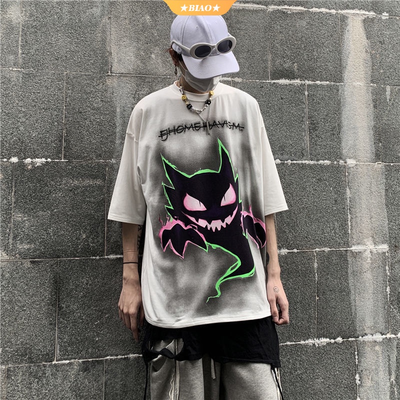 Streetwear Fashion Korea Oversized Shirt Dark Pokémon Printing T-shirt Tie-dye Hip Hop Loose Fit Plus Size Tee Short Sleeve for Men and Women 【BIOAKU】