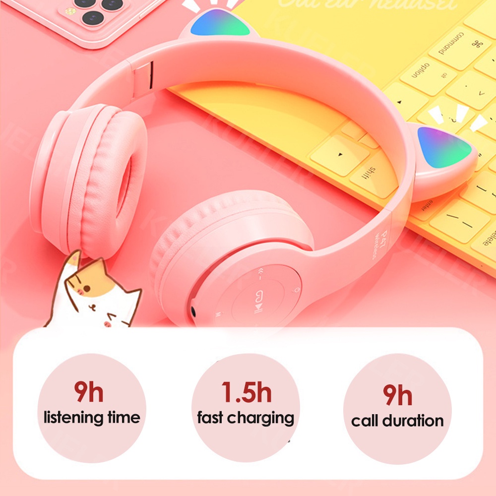 Tai Nghe Mèo Bluetooth P47M, Tai Mèo Dễ Thương Có Mic, Âm Bass Mạnh Mẽ Nghe Nhạc Cực Hay Bảo Hành 1 Năm