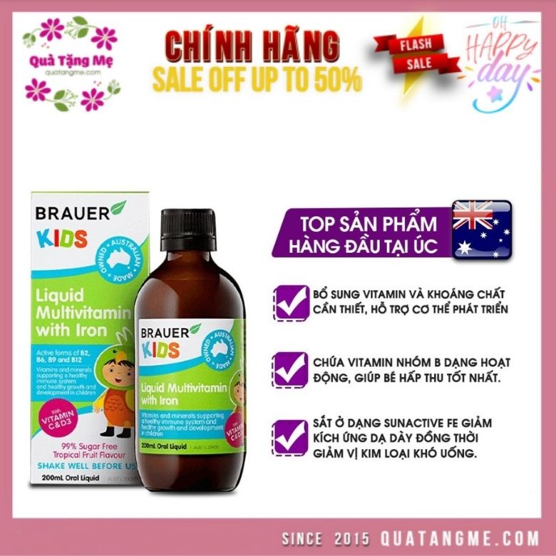 Vitamin Tổng Hợp Brauer Kids Liquid Multivitamin with Iron 200mL cho bé từ 3 tuổi trở lên