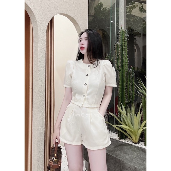 Set bố gân áo croptop tay bồng gài nút + quần short [hình thật]