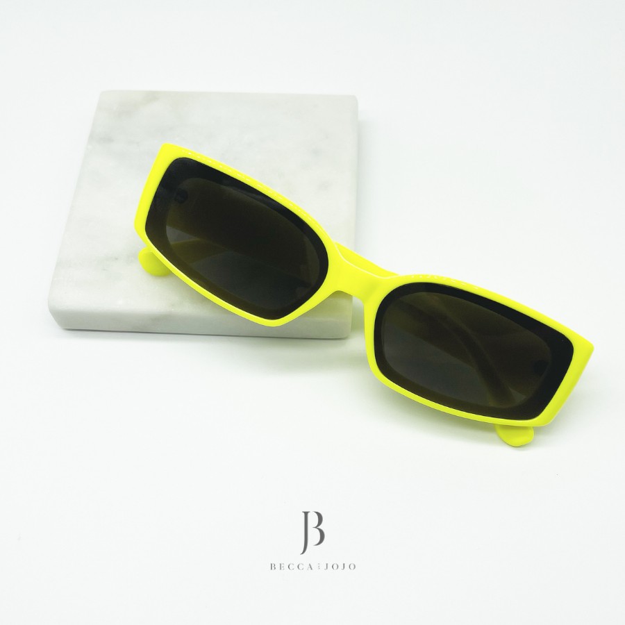 Mắt kính thời trang nam nữ cao cấp, Kính mát gọng vuông, kính mát màu vàng neon, tròng kính chống tia UV Becca & JoJo