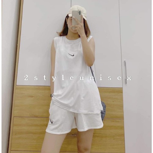 Set áo Tanktop mix quần short đùi thêu logo NI.KE form rộng/ Set áo thun cổ tròn phối quần sooc đùi ống rộng