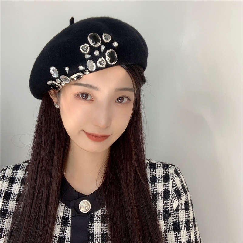 Mũ Beret Len Đính Đá Thời Trang Thu Đông Phong Cách Vintage Mới 2022