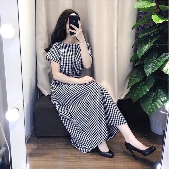Đầm caro form dài kèm belt
