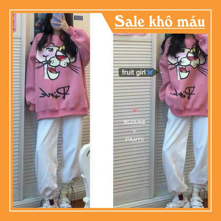 ❤FREE SHIP❤ SALE SIÊU SỐC| Sét Áo Nỉ Hổ Hồng Mix Quần Thụng Bom Trắng Siêu Hot Chất Nỉ Tàu Cao Cấp Siêu Dầy Mịn
