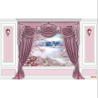 Tranh dán tường giả rèm cửa kết hợp phào chỉ 3D (nhận in theo kích thước)