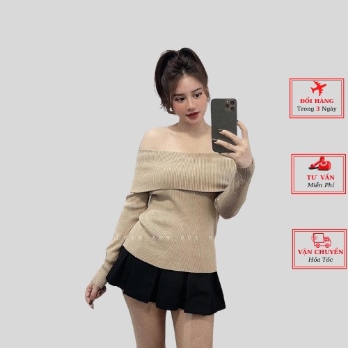 Áo len trễ vai màu đen nâu đỏ đô ulzzang Hàn Quốc thời trang yolo fashion