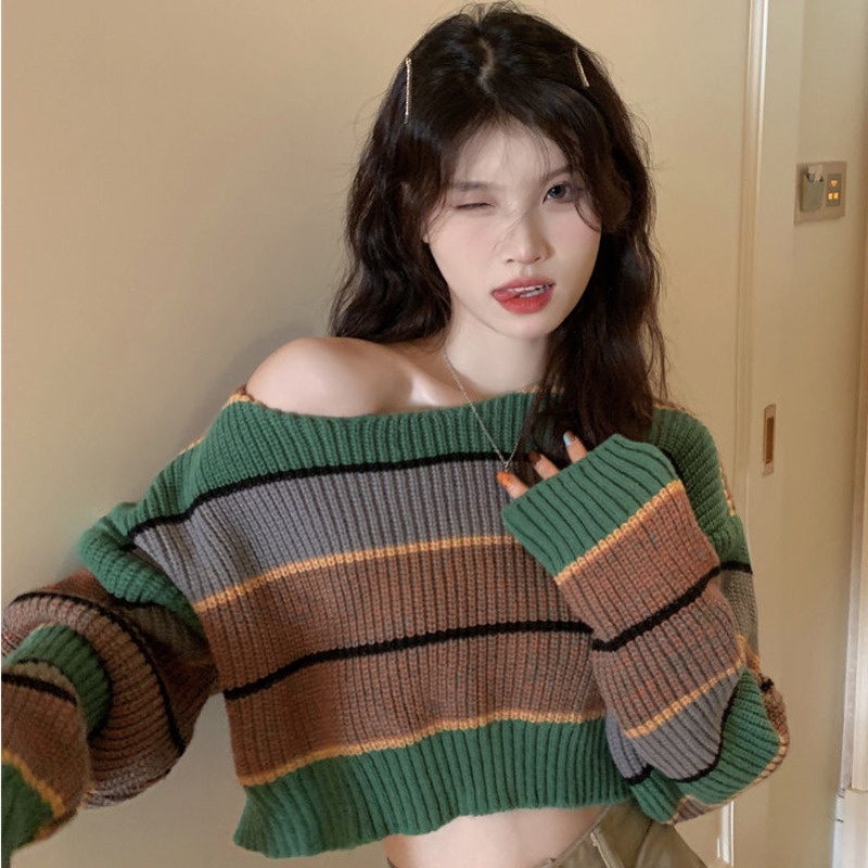 Áo Sweater Tay Dài Dệt Kim Kẻ Sọc Màu Sắc Tương Phản Thời Trang Cho Nữ