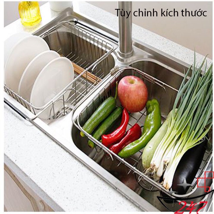 Kệ Inox gác bồn rửa chén đựng bát đĩa Giá úp hoa quả bát đũa có thể kéo dãn