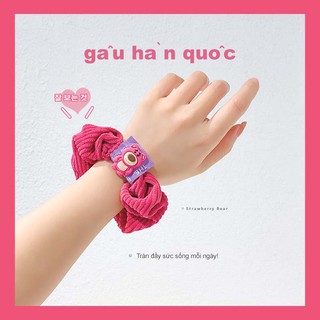 Dây buộc tóc vải nhung bản lớn phối họa tiết gấu dâu tây thời trang Hàn Quốc đáng yêu