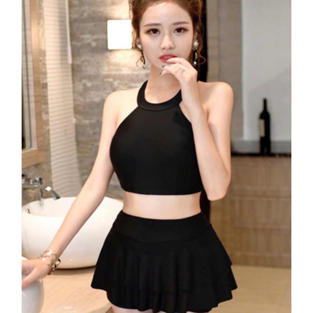 Bikini Đồ Bơi nữ 2 mảnh Đi Biển Yếm Chân Váy Hai Tầng Freesize dưới 55kg có tặng kèm mút lót ngực QP007