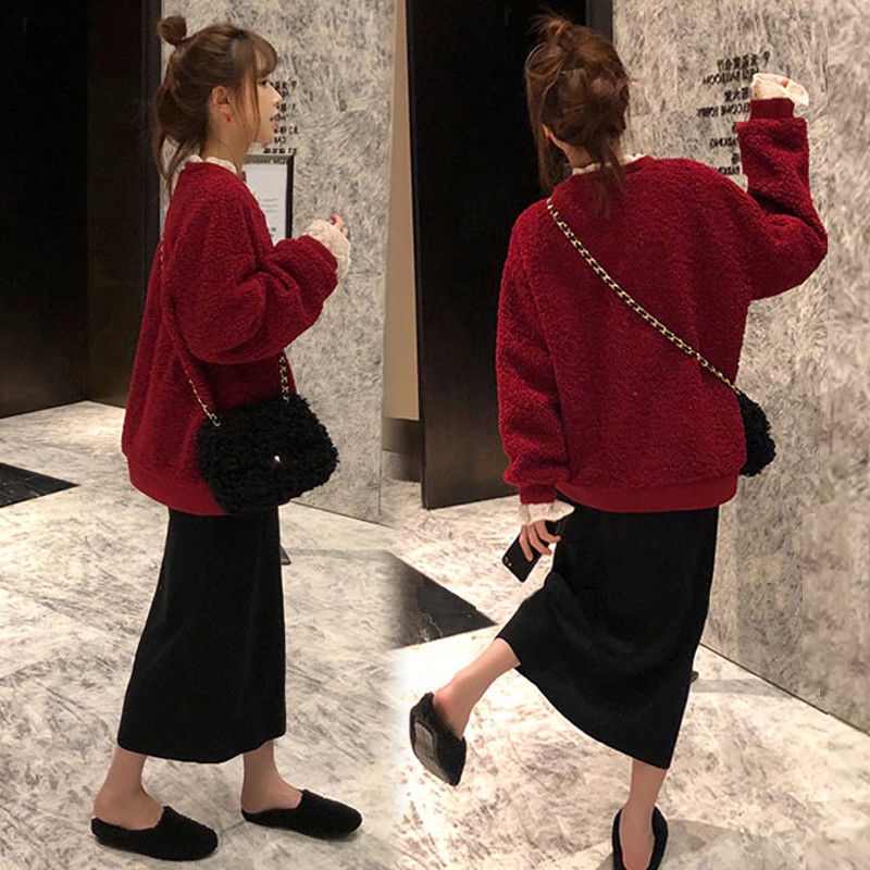 Set áo hoodie giả lông dày + chân váy ngắn thời trang nữ