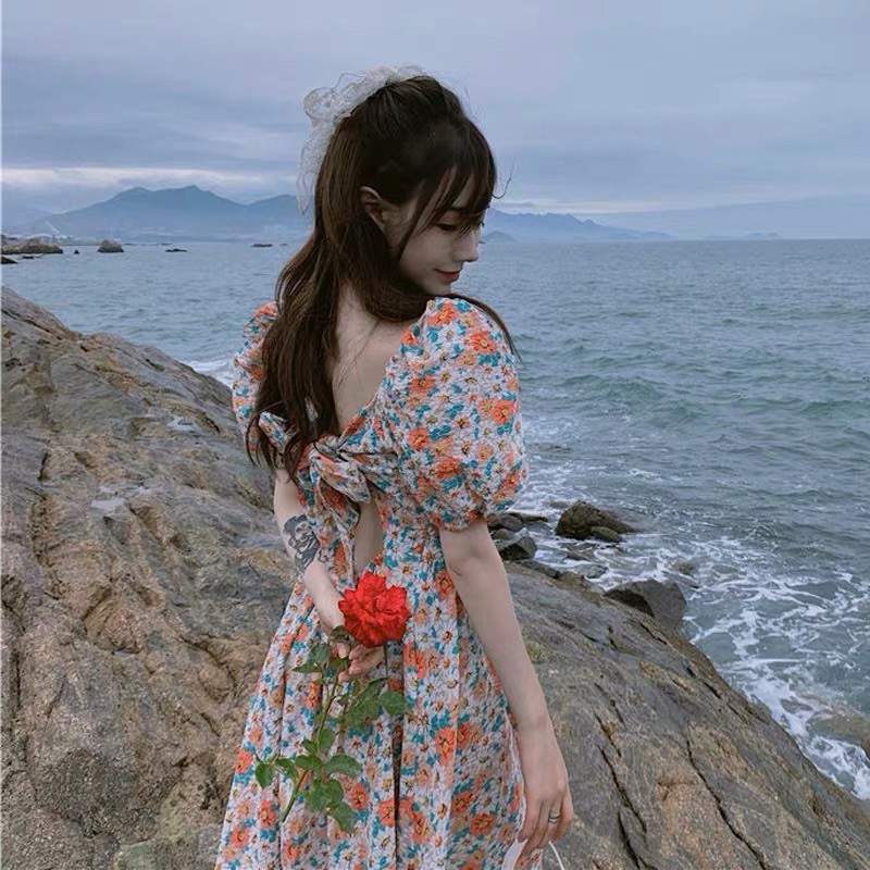 [order] Váy ngắn hoa hở lưng buộc nơ phong cách Hàn Quốc