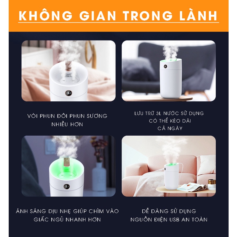 (Tặng 2 Bông) - Máy Phun Sương Dung Tích Lớn 3L Tạo Độ Ẩm Không Khí, Khuếch Tán Tinh Dầu Cao Cấp - Đèn Led Ngủ Tiện Lợi