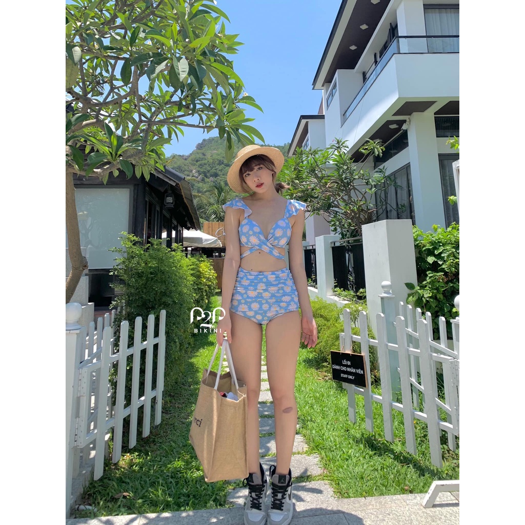 P2P BIKINI - Đồ bơi hai mảnh push up tay bèo, quần lưng cao xanh - BTK360HT_LC