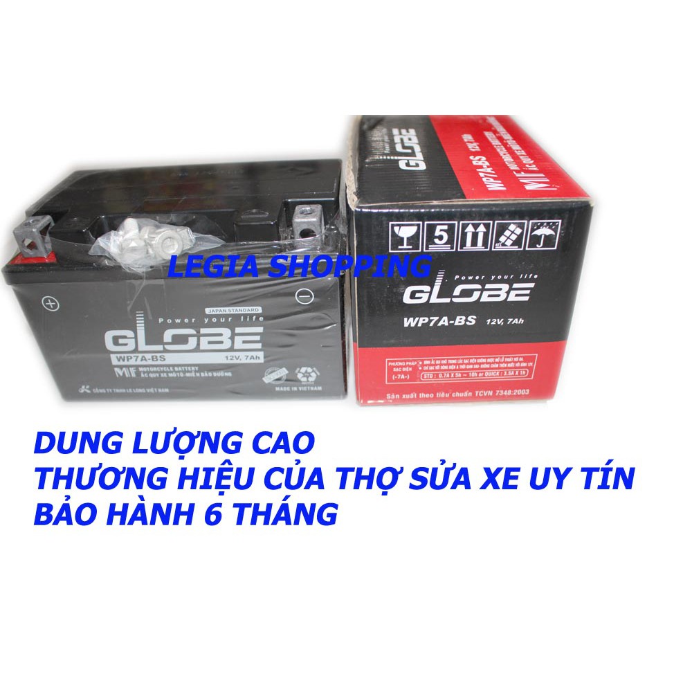 BÌNH ẮC QUI XE MÁY GLOBE WP7A LOẠI KHÔ 7AH Gắn Xe ATILA , SPACY, SHARK