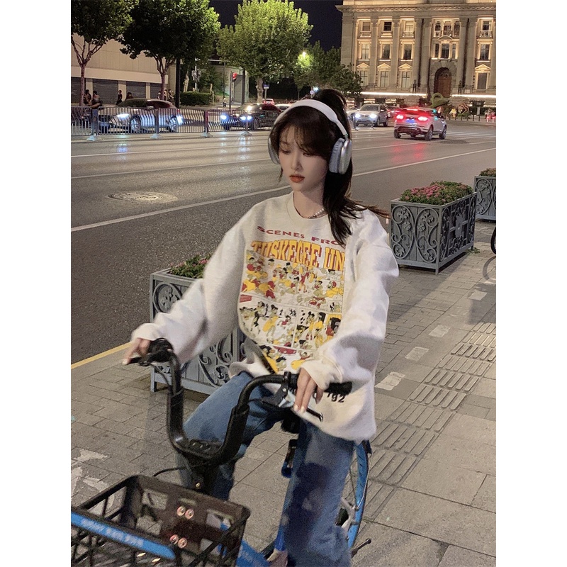 Áo sweater Cổ Tròn Tay Dài Dáng Rộng In Họa Tiết Hoạt Hình Phong Cách Hàn Quốc Thời Trang Cho Nữ