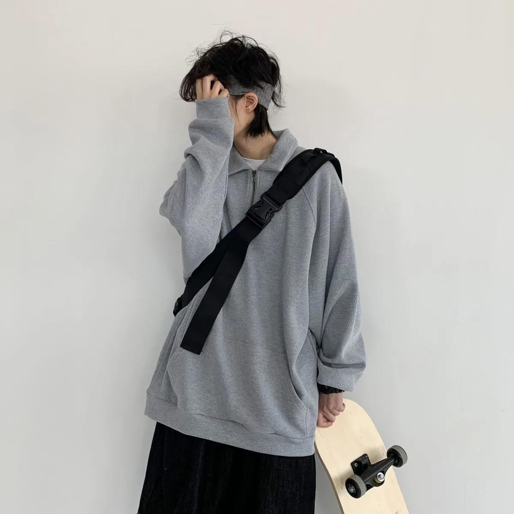 Áo nỉ sweater cổ áo polo dáng rộng thêu họa tiết thời trang mùa thu 2021 cho nam