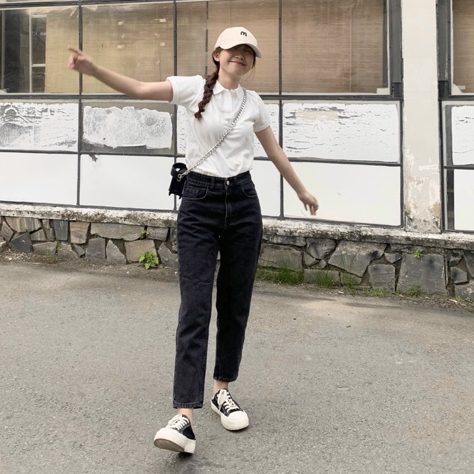 Quần Jeans Nữ Cotton Lưng Cao Dáng Baggy Fit Form 9 Tấc Màu Đen Xám LDM-107