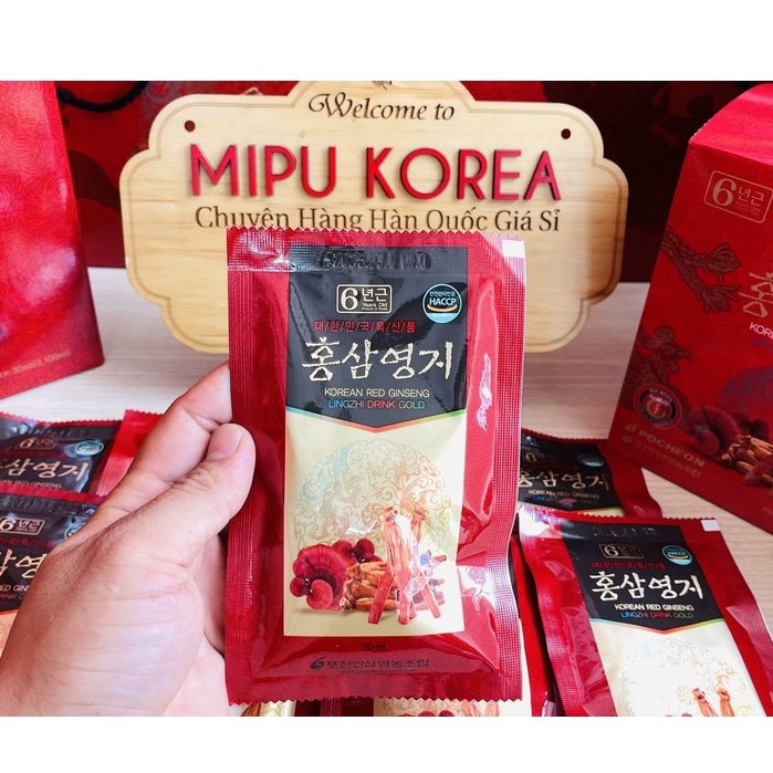 (Date 3/2025) Nước Hồng Sâm Linh Chi Pocheon Hàn Quốc hộp 30 gói x70ml