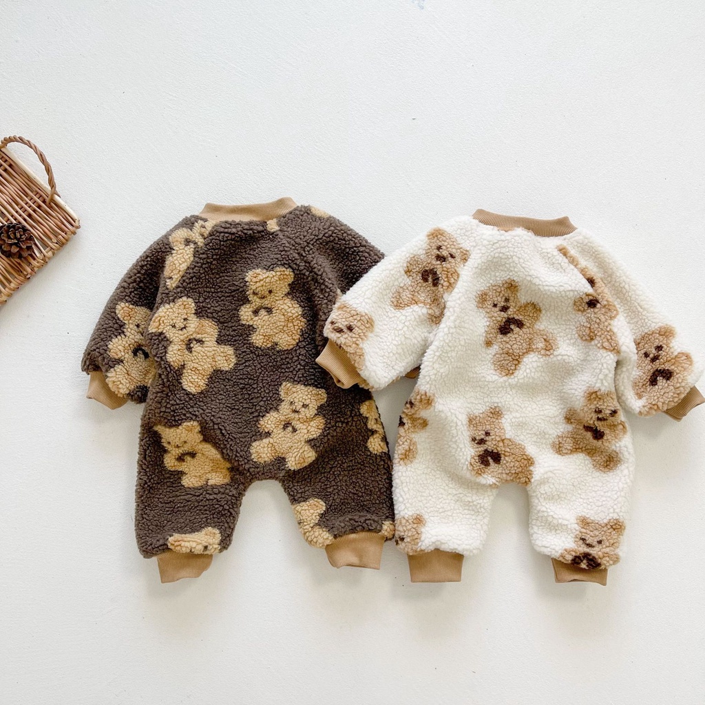 Bộ áo liền quần in hình gấu dày giữ ấm mùa đông dành cho bé sơ sinh