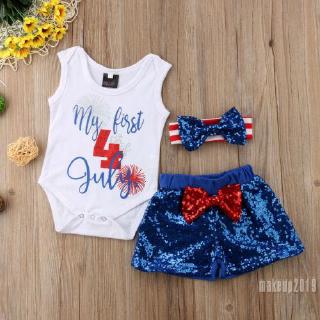 Mu♫-New Baby Girl Sleeveless Romper Sequin Bowknot Shorts My First 4th of July 3Pcs Outfit Set Clothing With Headband