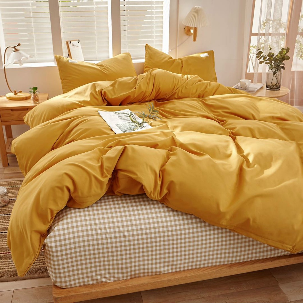 Bộ chăn ga gối cotton tici mix kẻ caro be vải mềm đẹp