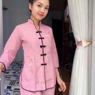Bộ đồ lam đi chùa thêu hoa sen