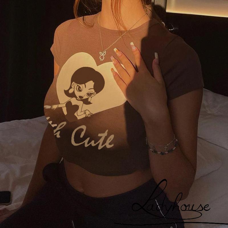 LD-Women Crop Shirt, Short Sleeve Round Neck Wrapped Elastic Tops Street Casual Party Cartoon Print Tops