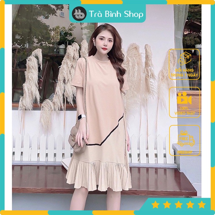 Đầm bầu phối kẻ chéo tay ngắn Váy suông freesize họa tiết sọc hiện đại