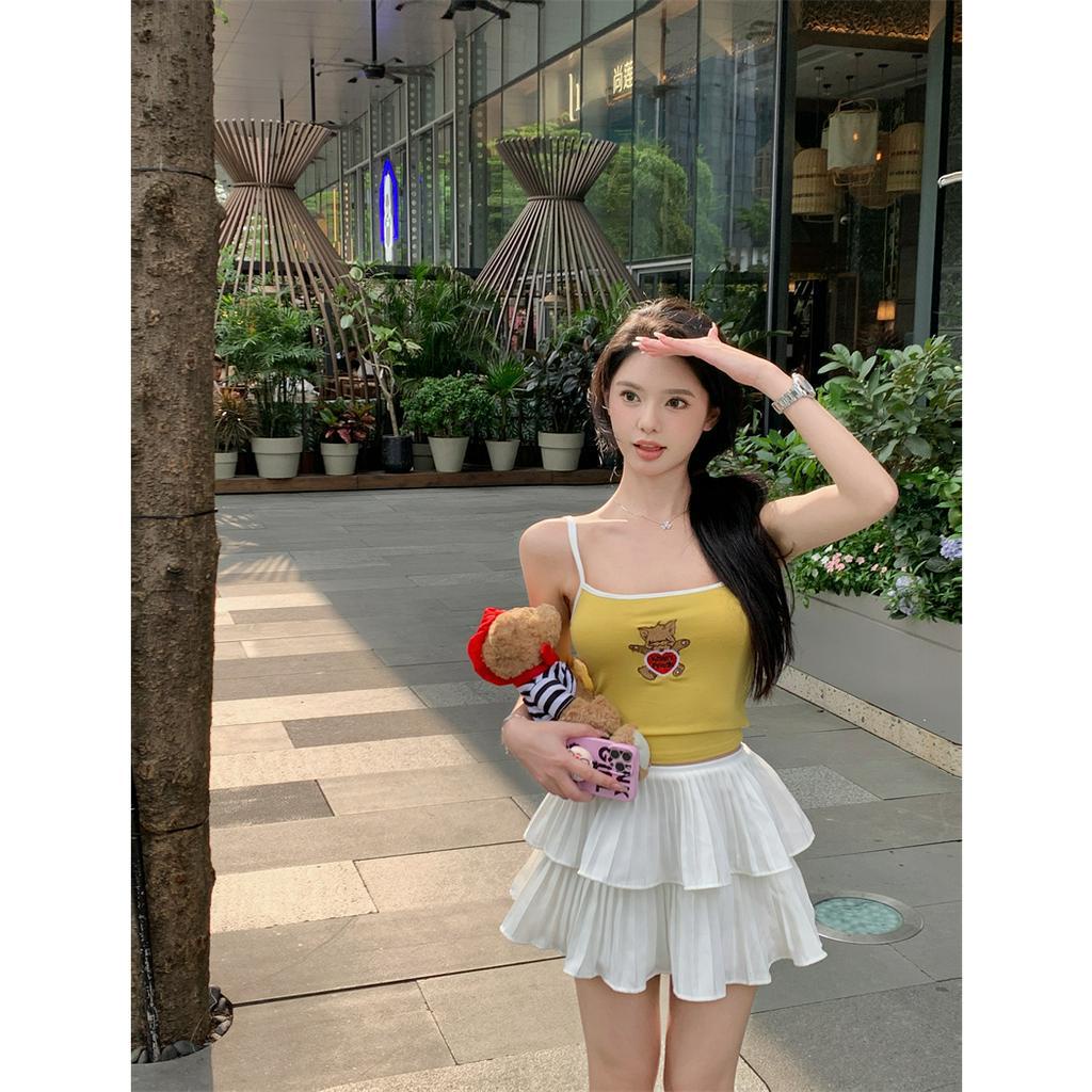 Cocory vn Áo Tank Top Hai Dây Màu Vàng Thêu Họa Tiết Thời Trang Mùa Hè Quyến Rũ Cho Nữ