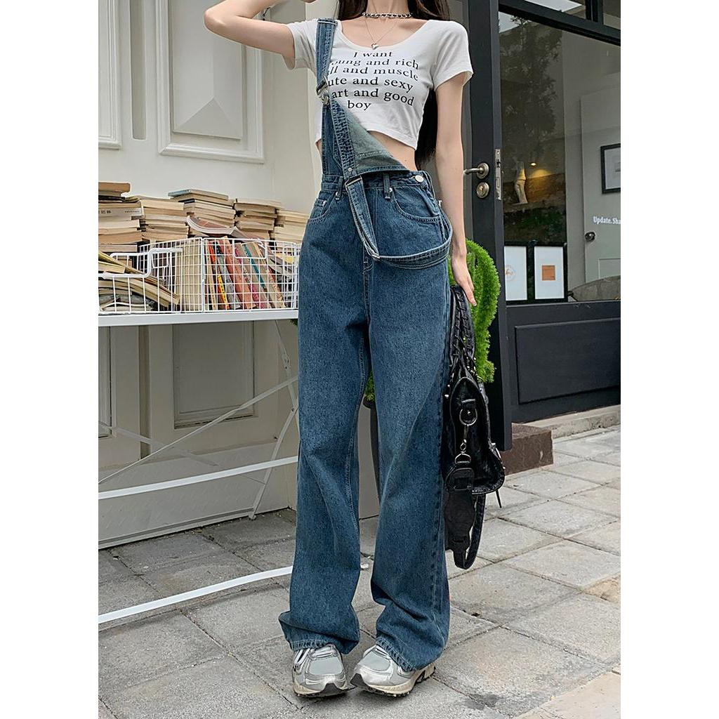Quần Yếm Denim Ống Rộng Lưng Cao Thời Trang Mùa Hè Mỹ Kiểu Retro Cá Tính 63753