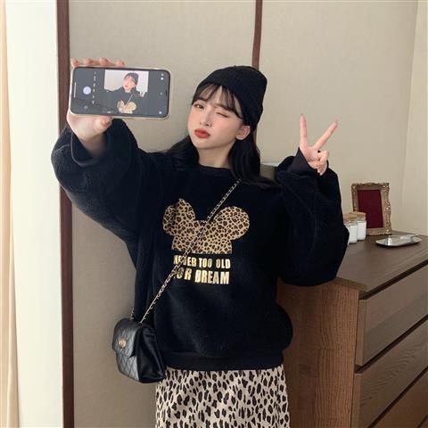 Áo sweater vải nhung lông cừu dày dáng rộng in hình Mickey dễ thương phong cách Hàn Quốc thời trang thu đông