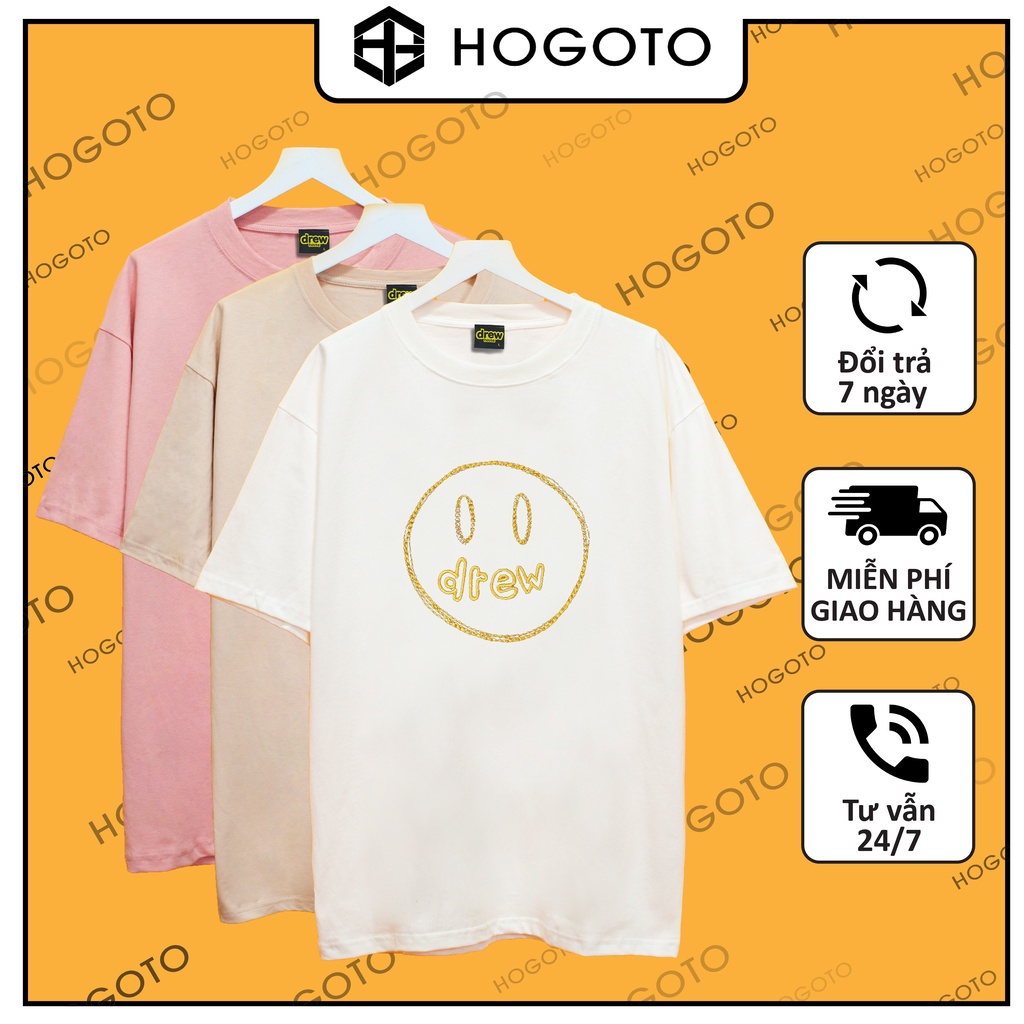 Áo thun tay lỡ DREW House Mặt thêu to Hogoto shop , Áo thun unisex nam nữ form rộng oversize chất liệu Cotton