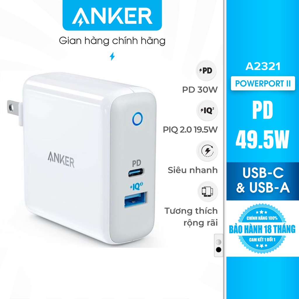 Sạc ANKER PowerPort II PD 49.5w (1 PD và 1 PIQ 2.0) - A2321